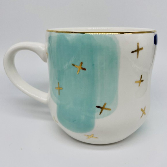 Pier 1 Imports Coffee Mug Tea Cup Aqua White Blue Gold Stars Abstract - Picture 2 of 4